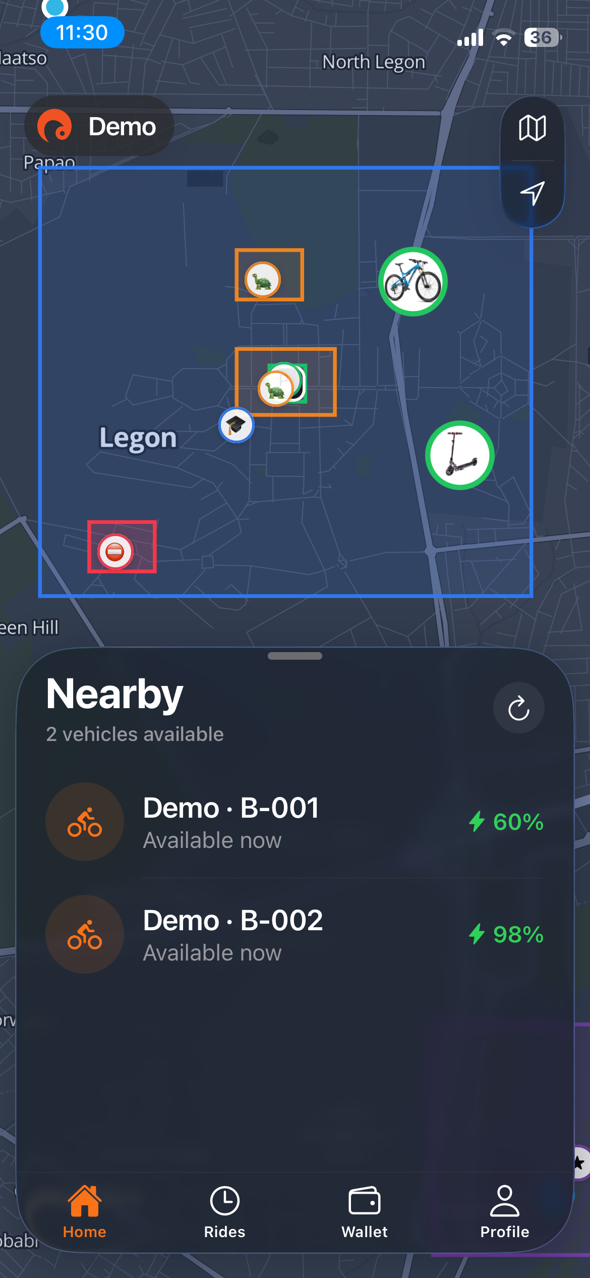 Sankofa Mobility rider app showing nearby vehicles on the map