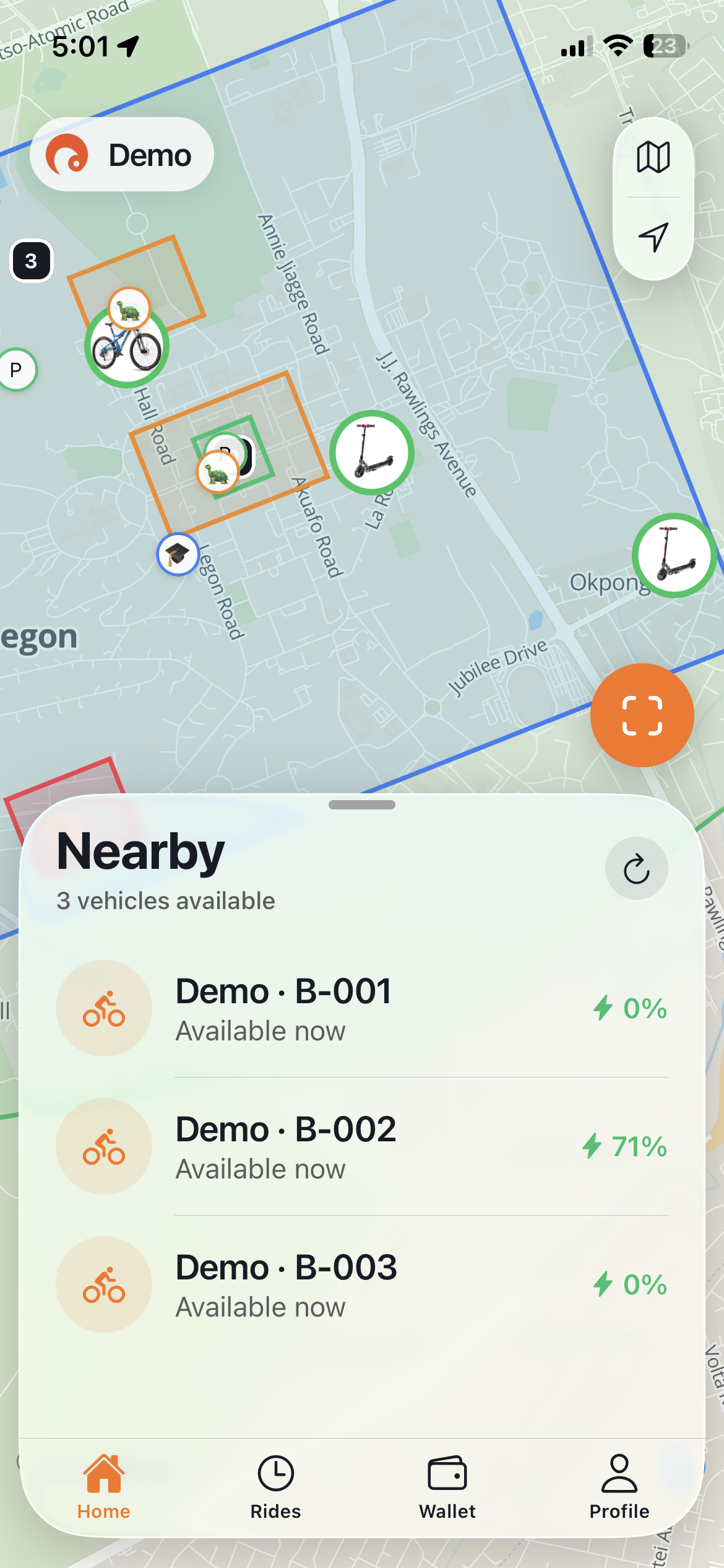 Sankofa Mobility rider app showing nearby vehicles on the map